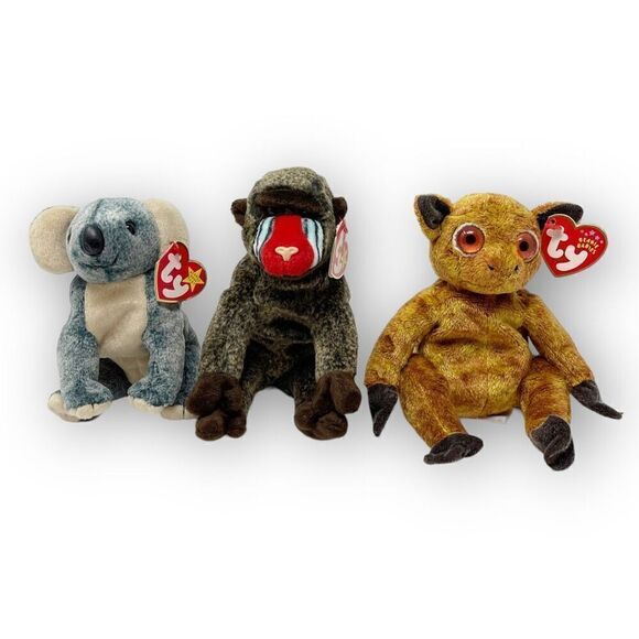 TY Beanie Baby Lot 3 Gizmo Lemur Cheeks Baboon Eucalyptus Koala Stuffed Animal - Picture 1 of 9